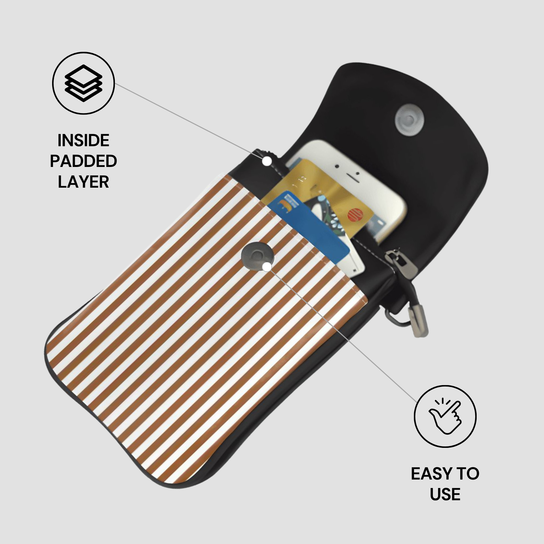 Striped pouch with phone and cards, labeled 'Inside Padded Layer' and 'Easy to Use'.
