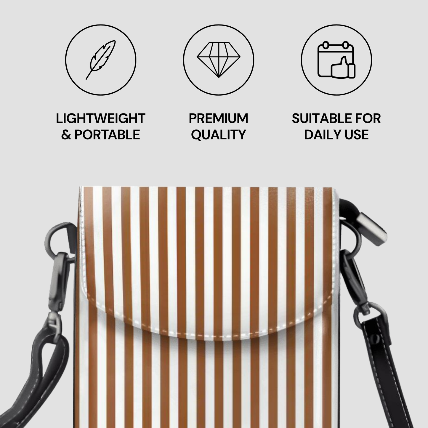 Striped bag with shoulder straps and quality attributes on a light gray background