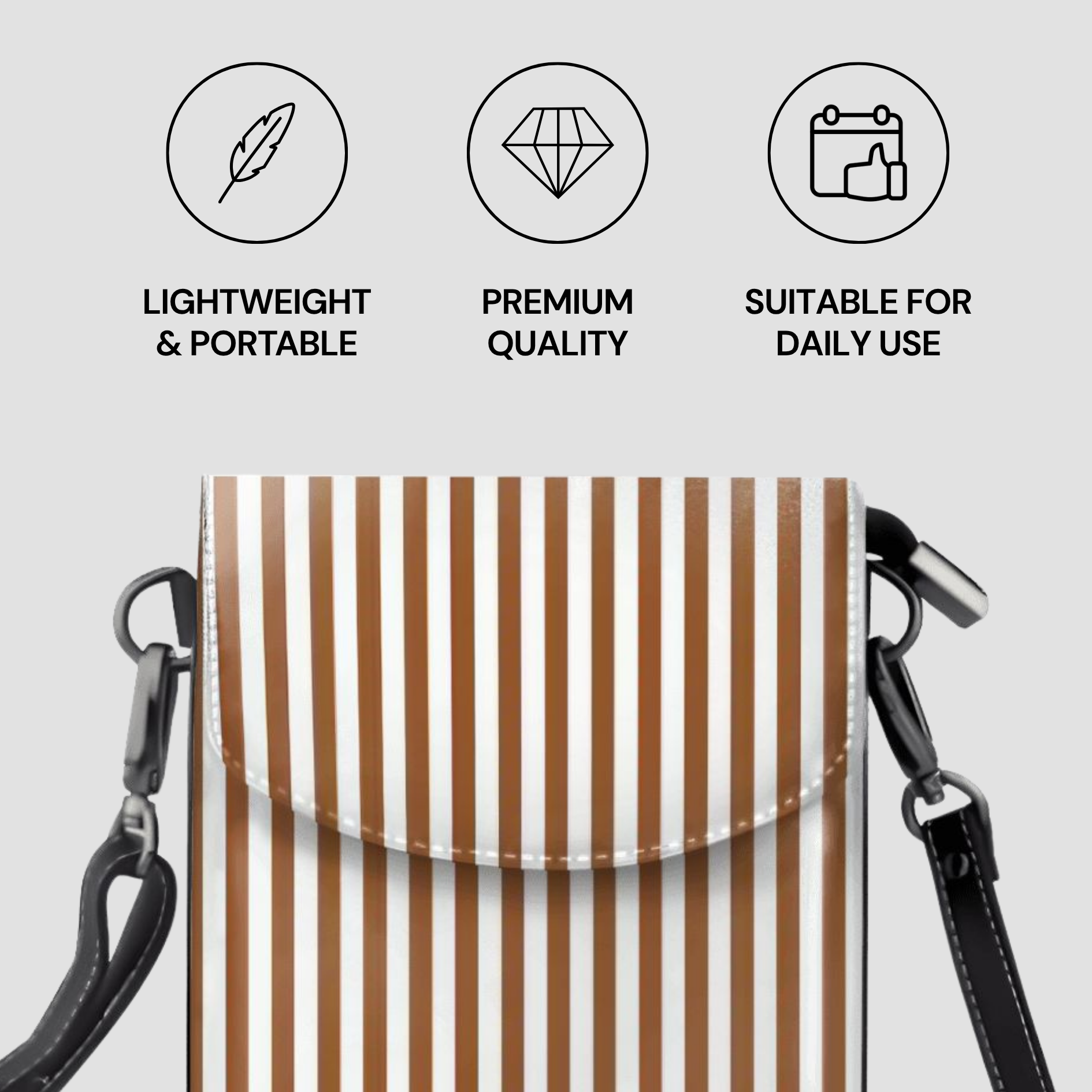 Striped bag with shoulder straps and quality attributes on a light gray background
