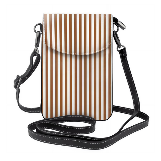 Small crossbody bag with brown and white striped pattern on a white background