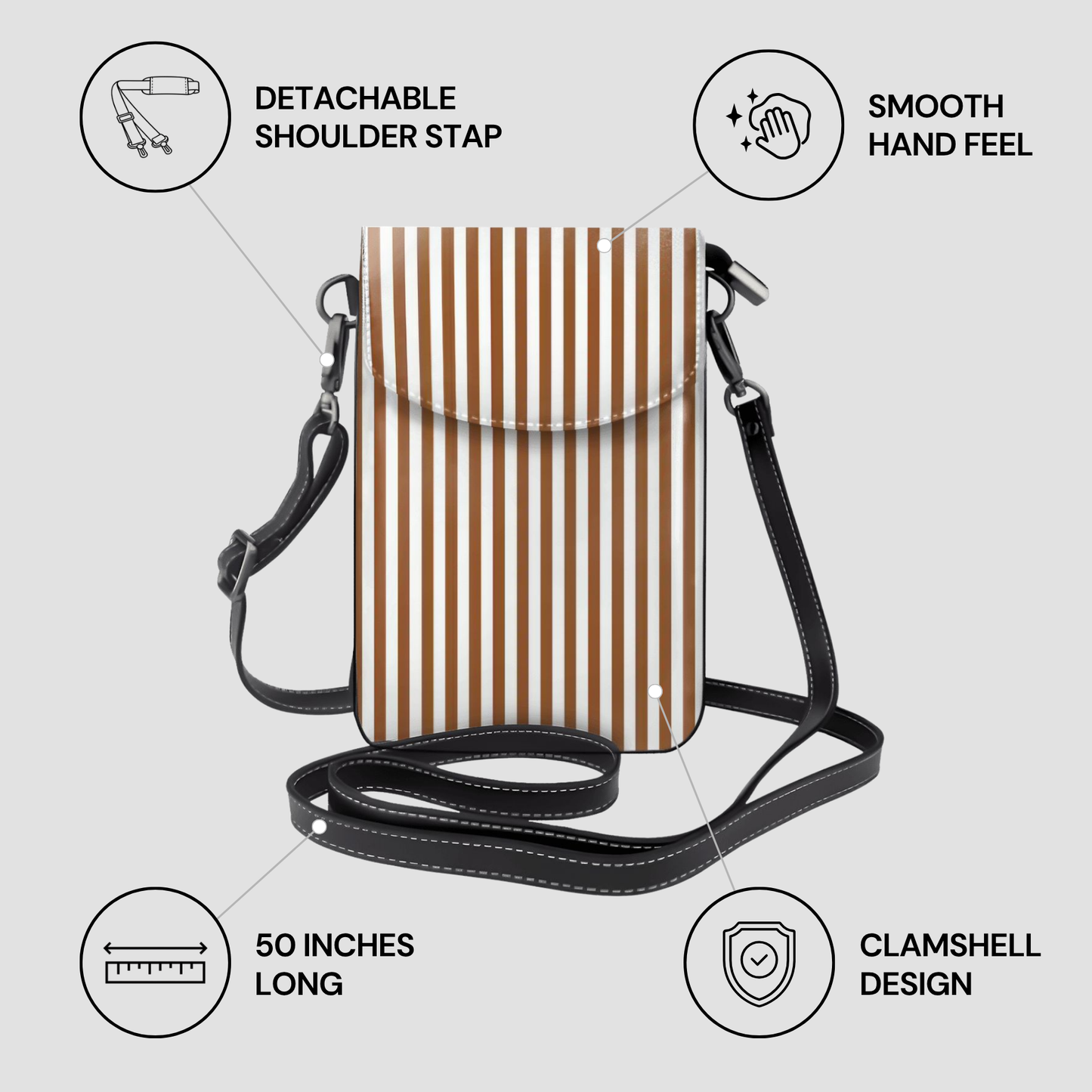 Striped crossbody bag with features highlighted on a light gray background