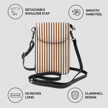 Striped crossbody bag with features highlighted on a light gray background
