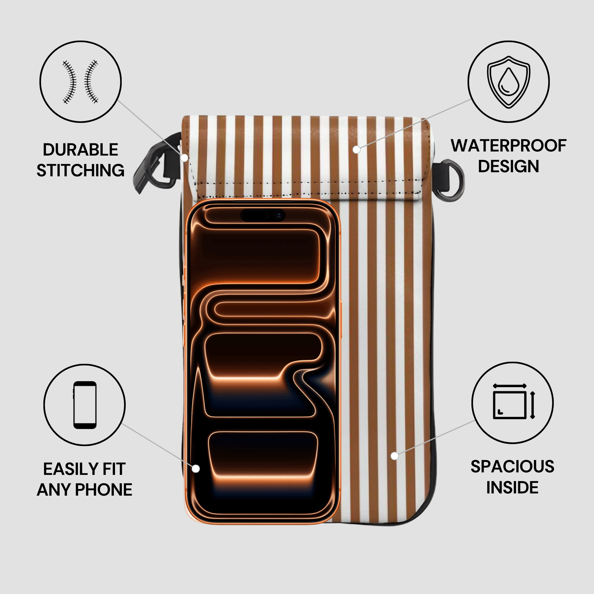 Striped phone case with features highlighted on a light gray background