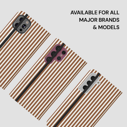 Phone cases with brown and black striped pattern on a light gray background
