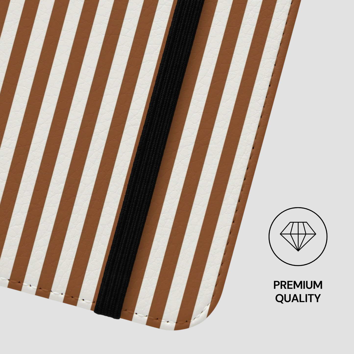 Striped fabric with brown and white stripes on a gray background, featuring a 'Premium Quality' label.