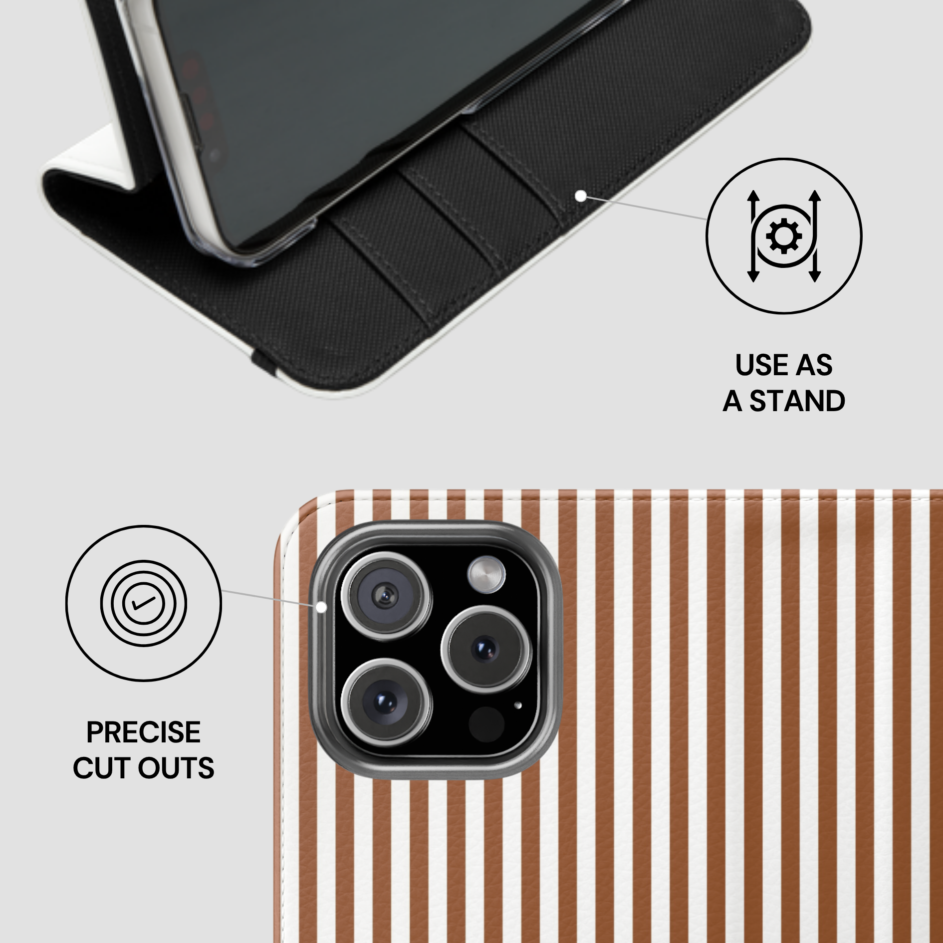 Phone case with cutouts for camera and screen, shown with a stand feature on a white background.
