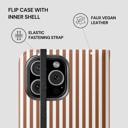 Striped phone case with features highlighted on a light gray background