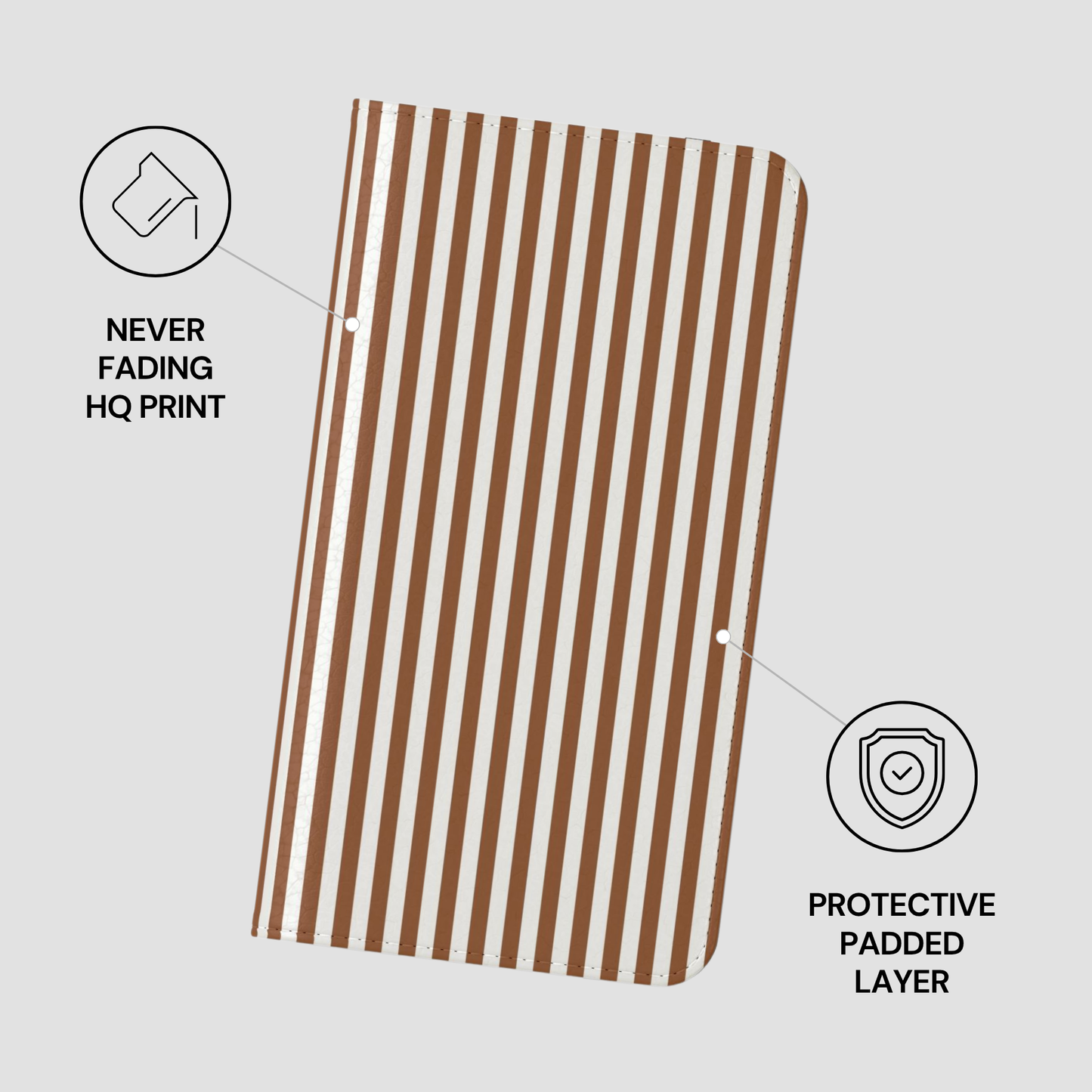 Brown and white striped product with 'Never Fading HQ Print' and 'Protective Padded Layer' text on a light gray background
