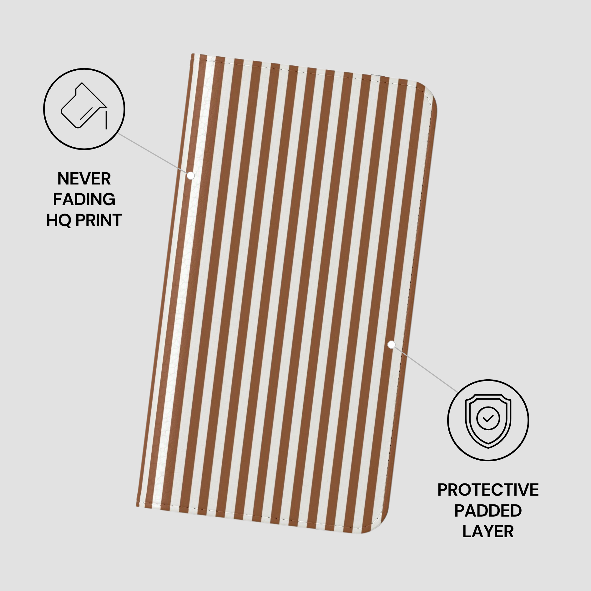 Brown and white striped product with 'Never Fading HQ Print' and 'Protective Padded Layer' text on a light gray background