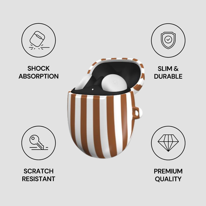 Striped product case with features highlighted on a light gray background