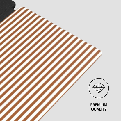 Striped brown and white mat with a premium quality label on a light gray background