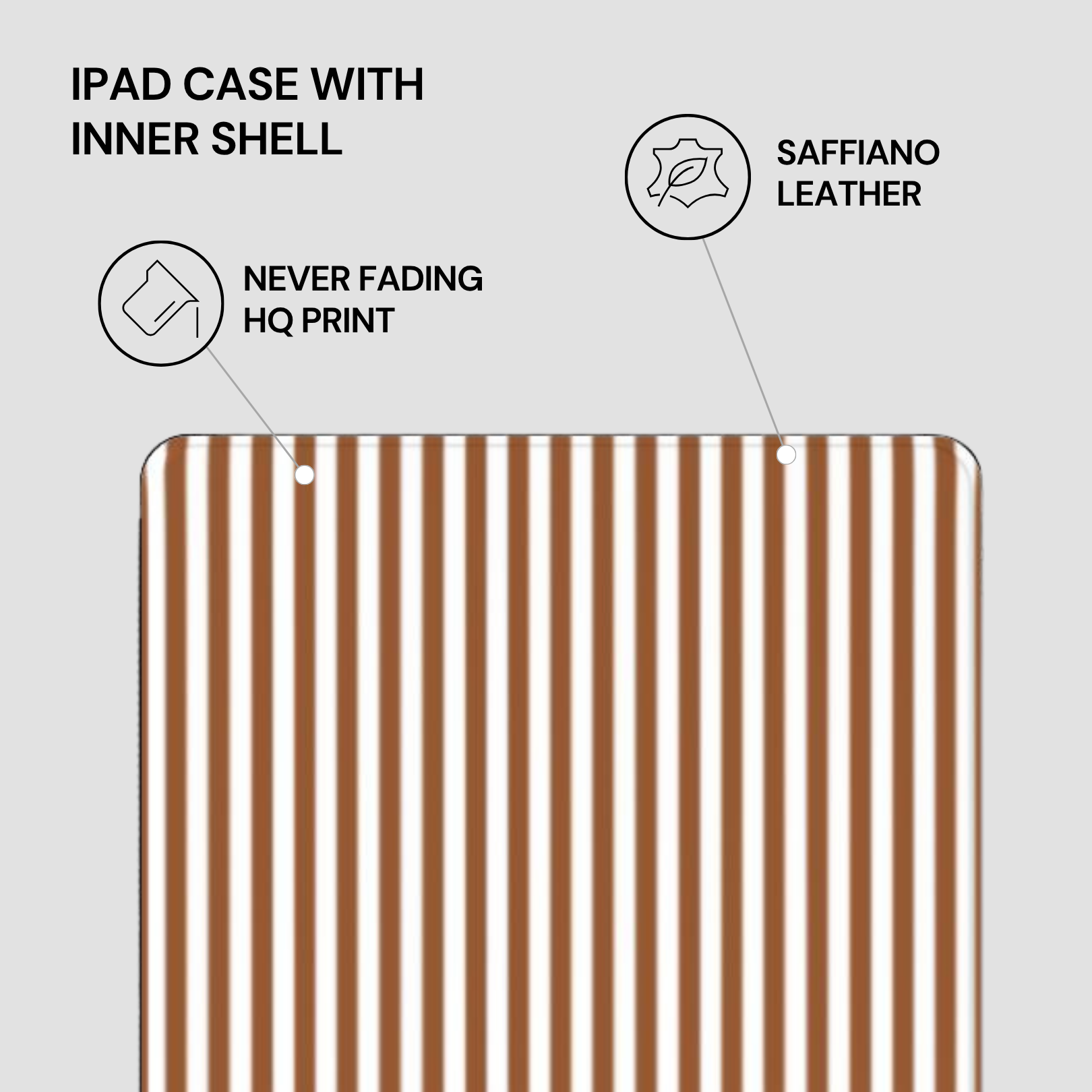 Striped iPad case with saffiano leather inner shell on a light gray background