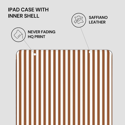 Striped iPad case with saffiano leather inner shell on a light gray background