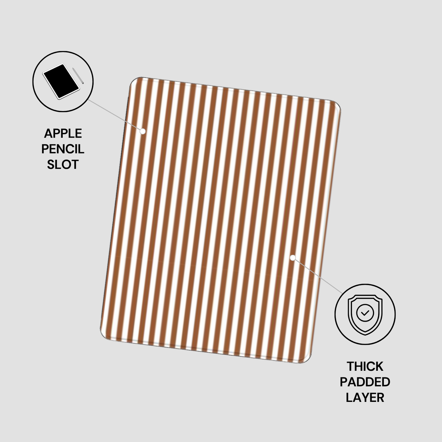 Striped protective case with Apple Pencil slot and thick padded layer on a light gray background