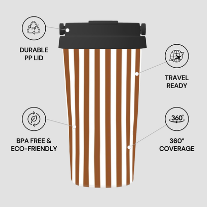 Striped coffee cup with features labeled on a light gray background