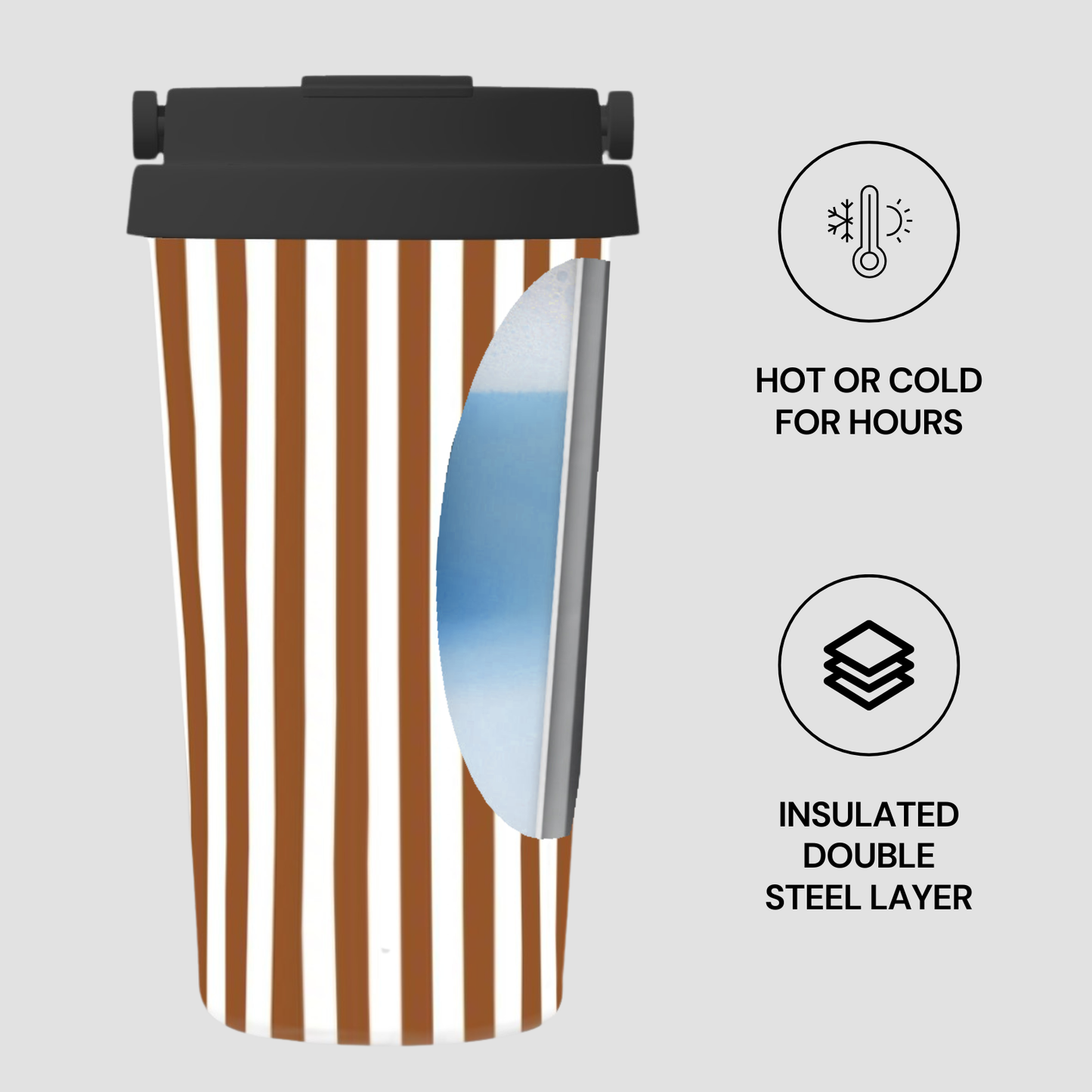  insulated coffee cup with brown striped design on a white background