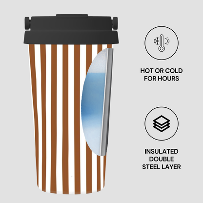  insulated coffee cup with brown striped design on a white background