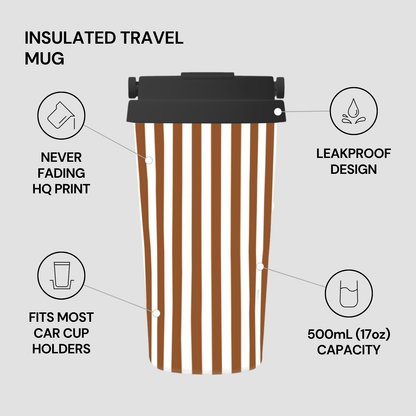 Insulated travel mug with features listed on a gray background