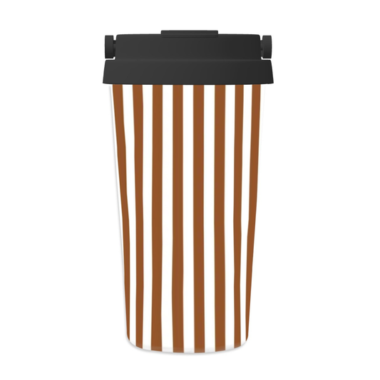 Tumbler with brown and white vertical stripes on a white background
