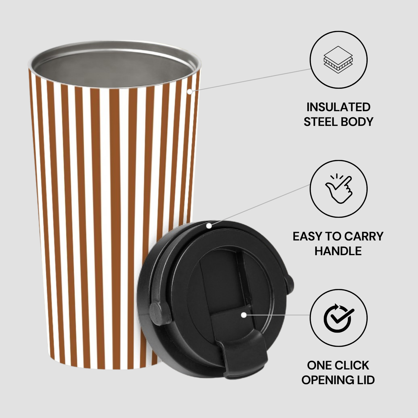  insulated steel travel mug with brown stripes and black lid on a light gray background
