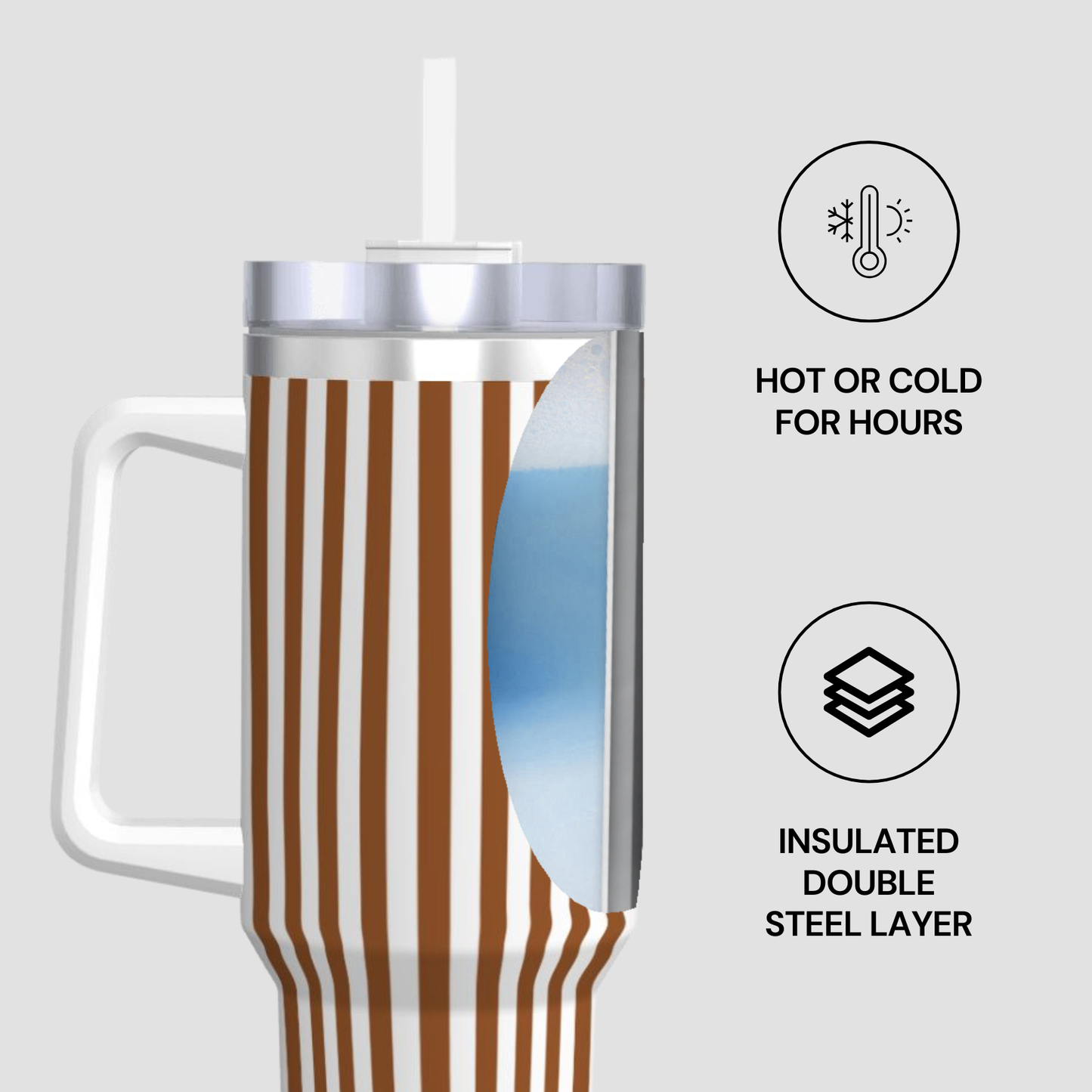 Insulated tumbler with handle and striped design on a light gray background