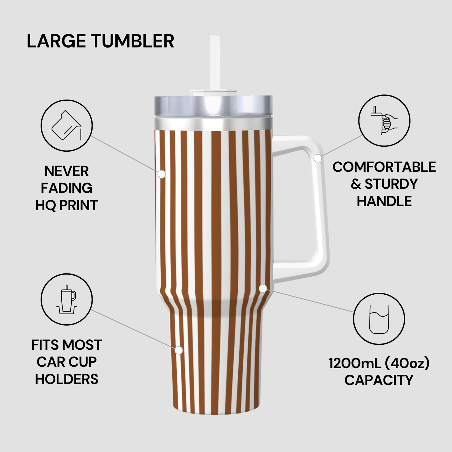 Large tumbler with brown and white striped design on a light gray background