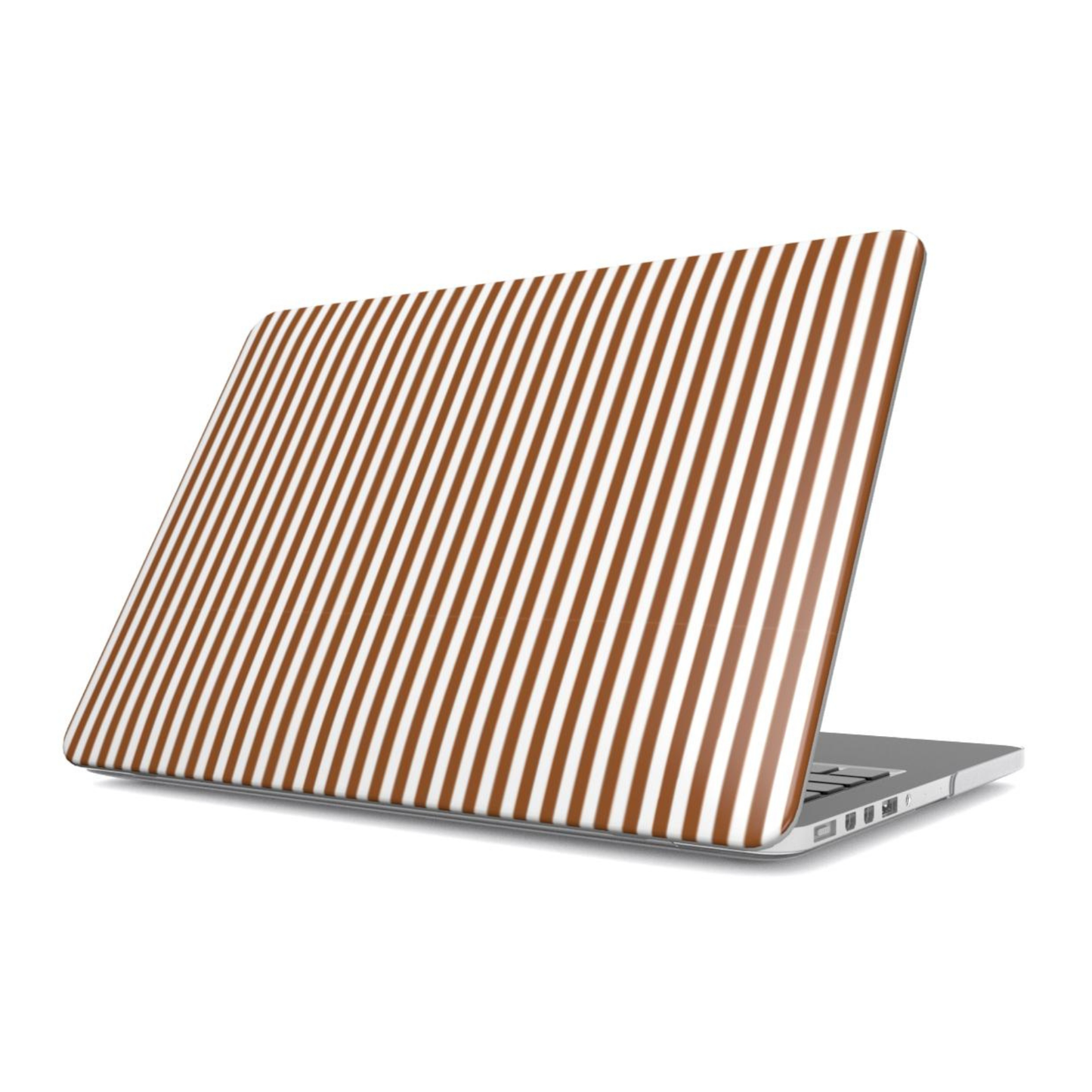 Laptop with a brown and white striped case on a white background