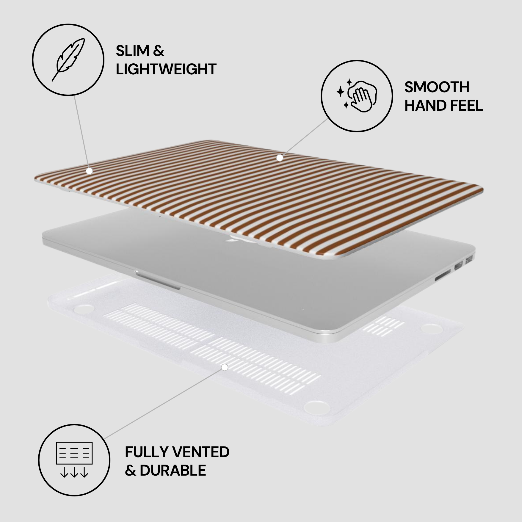 Laptop with brown striped cover on a light gray background, featuring text labels about features.