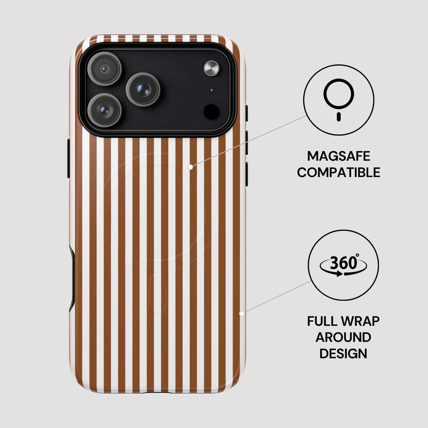 Phone case with brown and white striped pattern on a light gray background