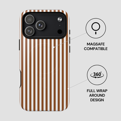 Phone case with brown and white striped pattern on a light gray background