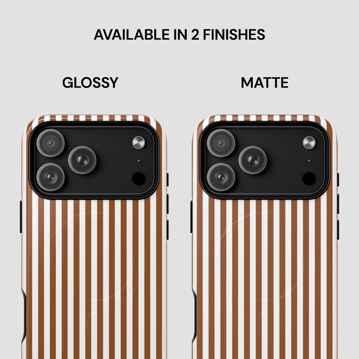 Two phone cases with striped design, one glossy and one matte, on a light gray background.