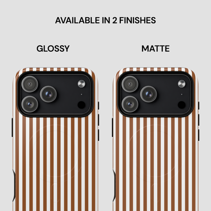 Two phone cases with striped design, one glossy and one matte, on a light gray background.