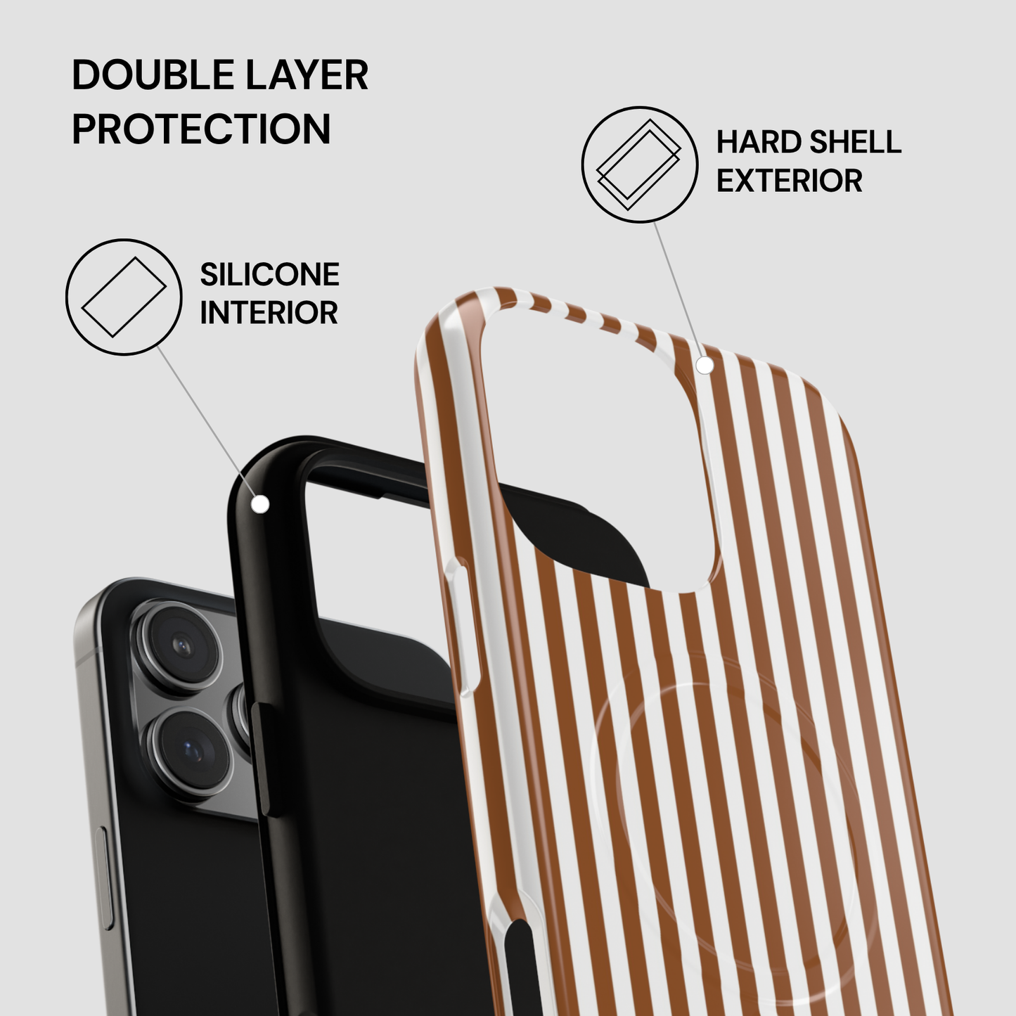Phone case with double layer protection features on a gray background