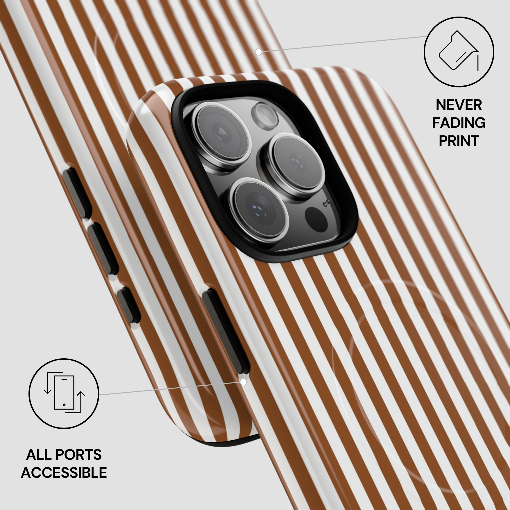 Phone case with brown and white striped pattern on a light gray background