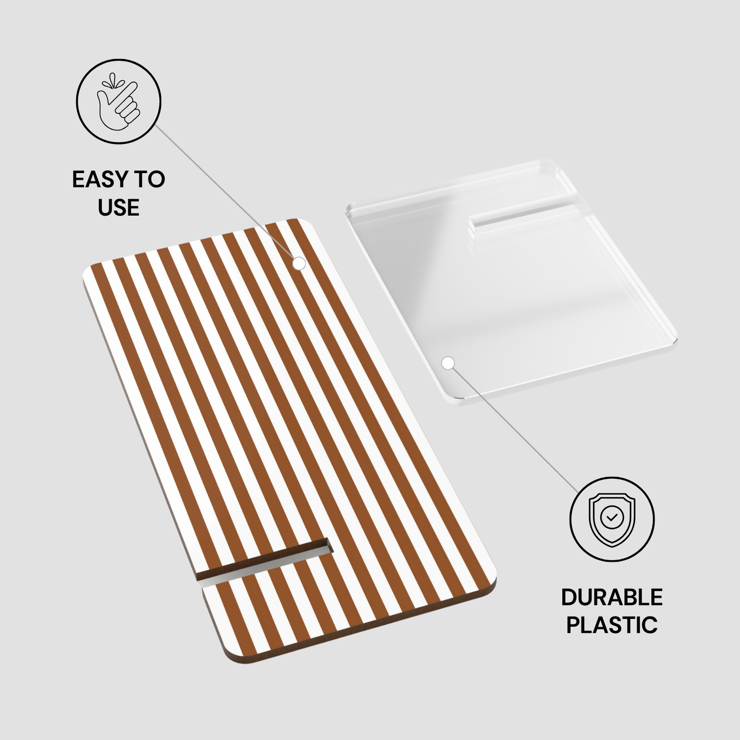 Striped mat with text 'Easy to Use' and 'Durable Plastic' on a light gray background