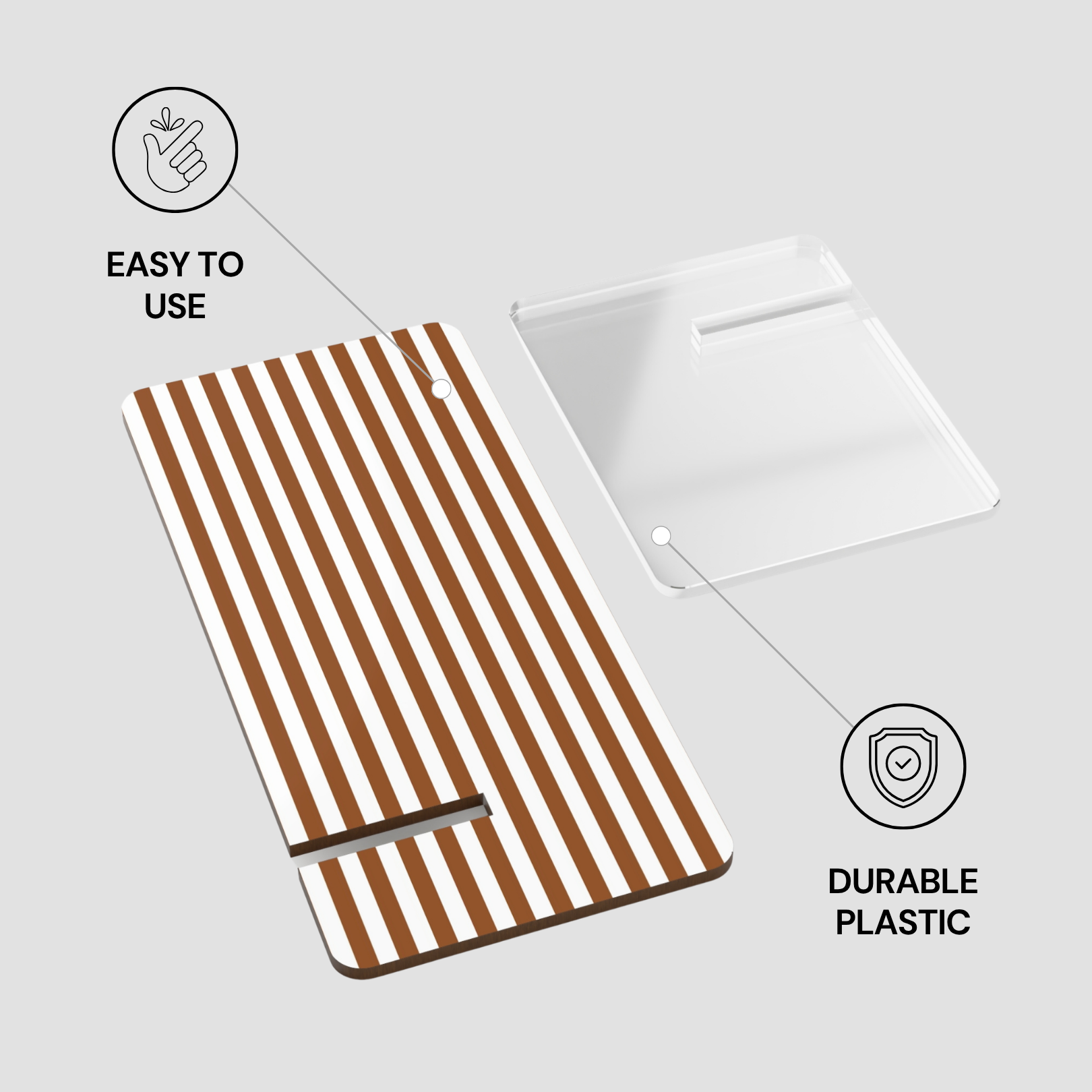 Striped mat with text 'Easy to Use' and 'Durable Plastic' on a light gray background