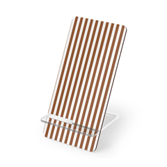 Phone stand with brown and white striped design on a white background