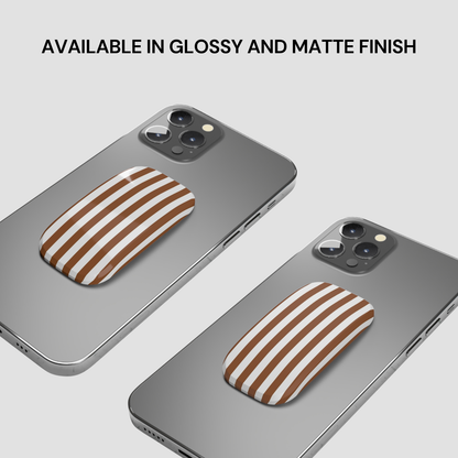 Two smartphones with a brown and white striped case on a light gray background, text indicating finish options.