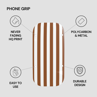 Phone grip with brown and white stripes on a gray background, featuring text about its features.