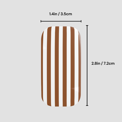 Rectangular plate with brown and white stripes and measurements on a light gray background