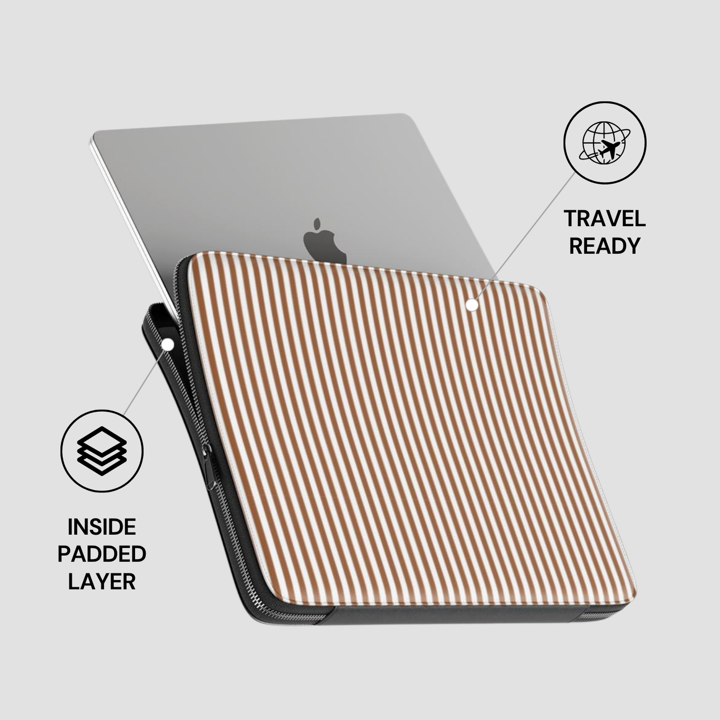 Striped laptop sleeve with Apple logo on a gray background
