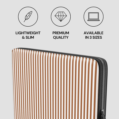 Striped laptop sleeve with icons and text on a light gray background