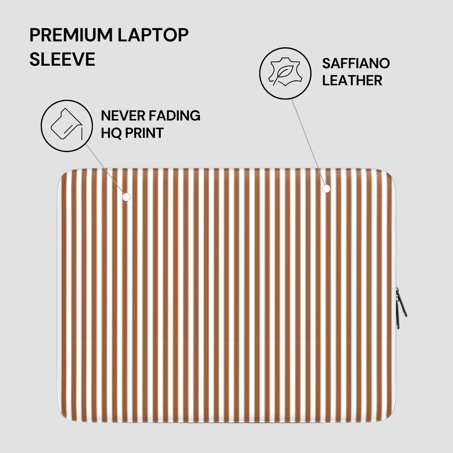 Laptop sleeve with brown and white striped pattern on a light gray background