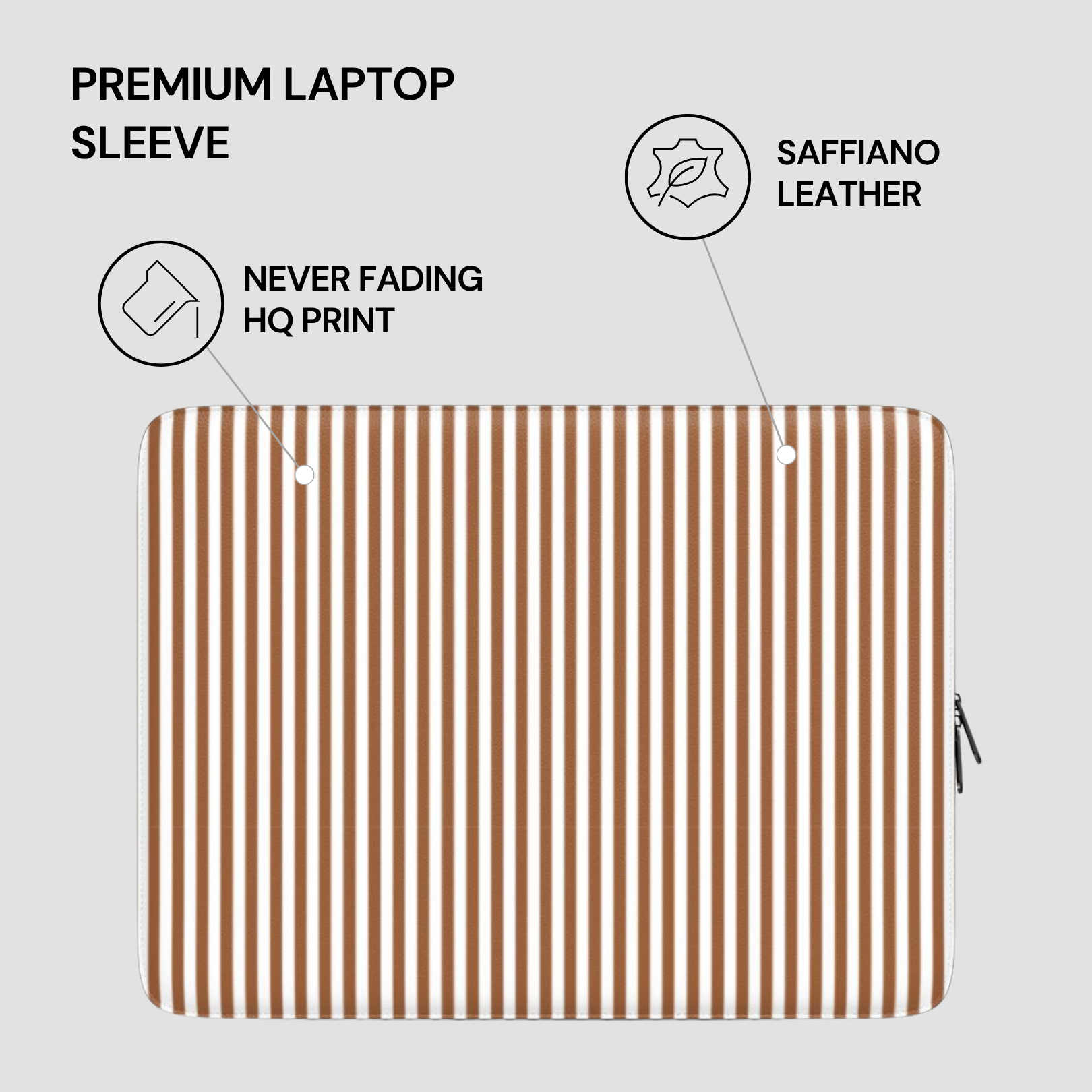 Laptop sleeve with brown and white striped pattern on a light gray background