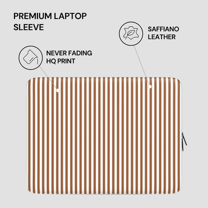 Laptop sleeve with brown and white striped pattern on a light gray background