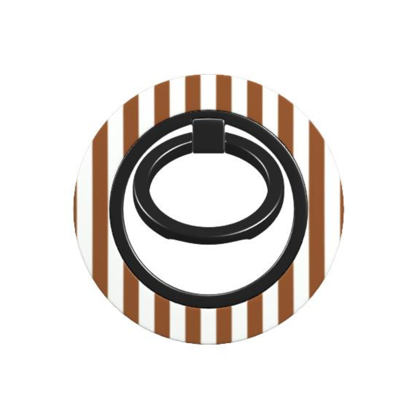 Black phone ring holder on a white and brown striped background