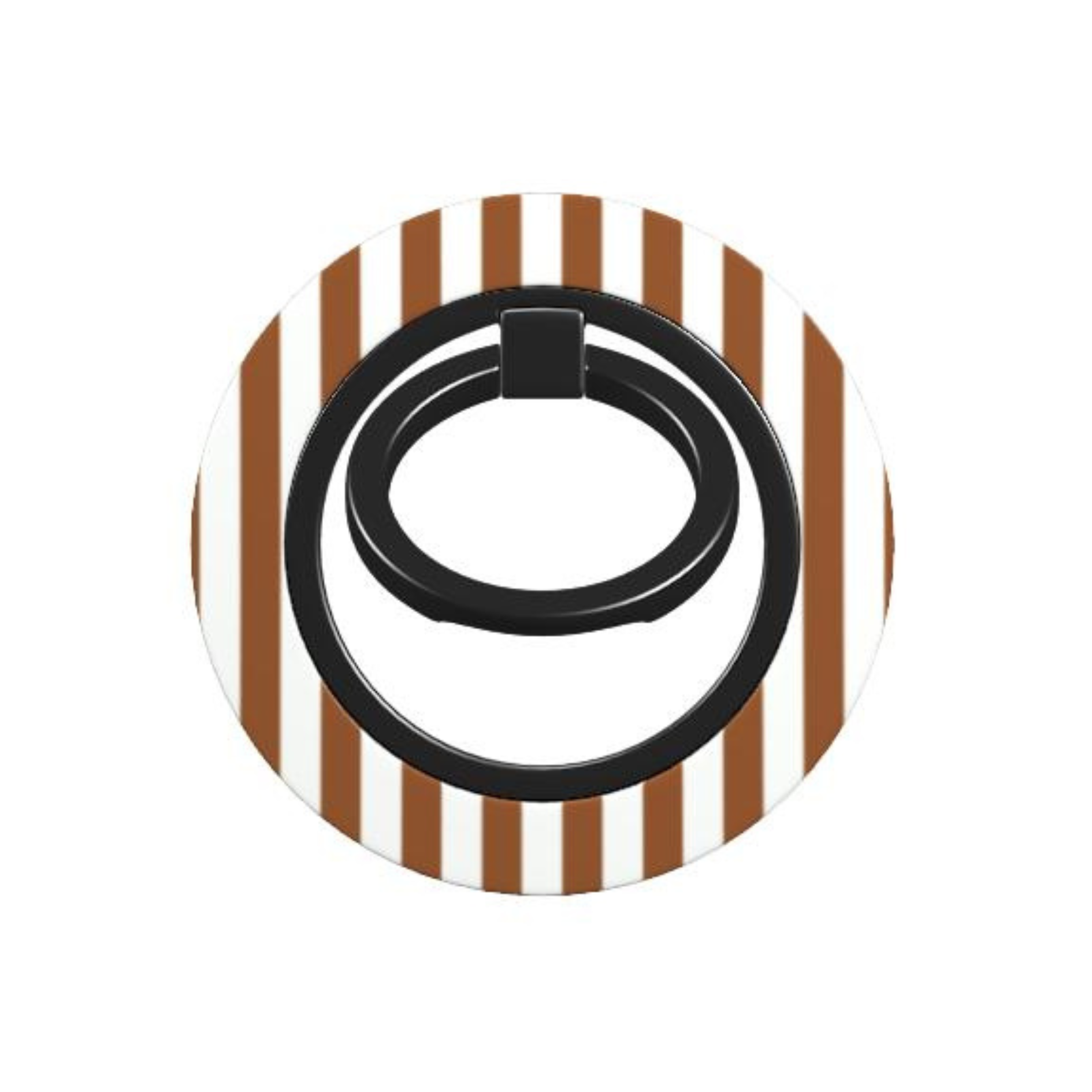 Black phone ring holder on a white and brown striped background