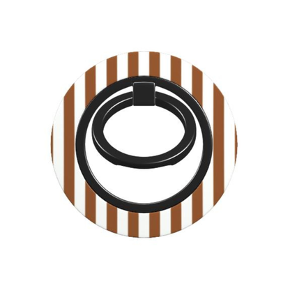 Black phone ring holder on a white and brown striped background