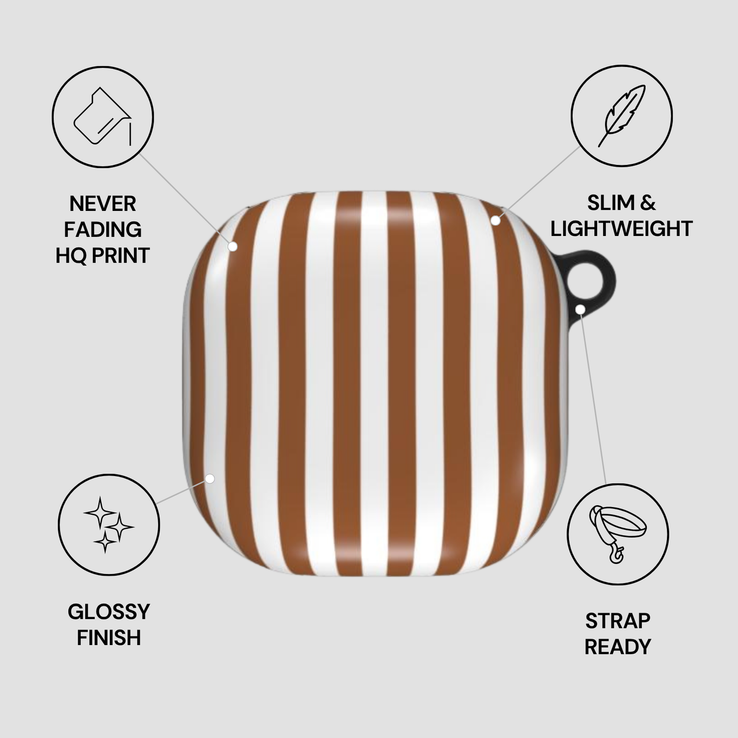 Brown and white striped product with features listed on a gray background