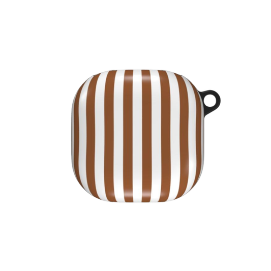 Striped pot holder with brown and white stripes on a white background